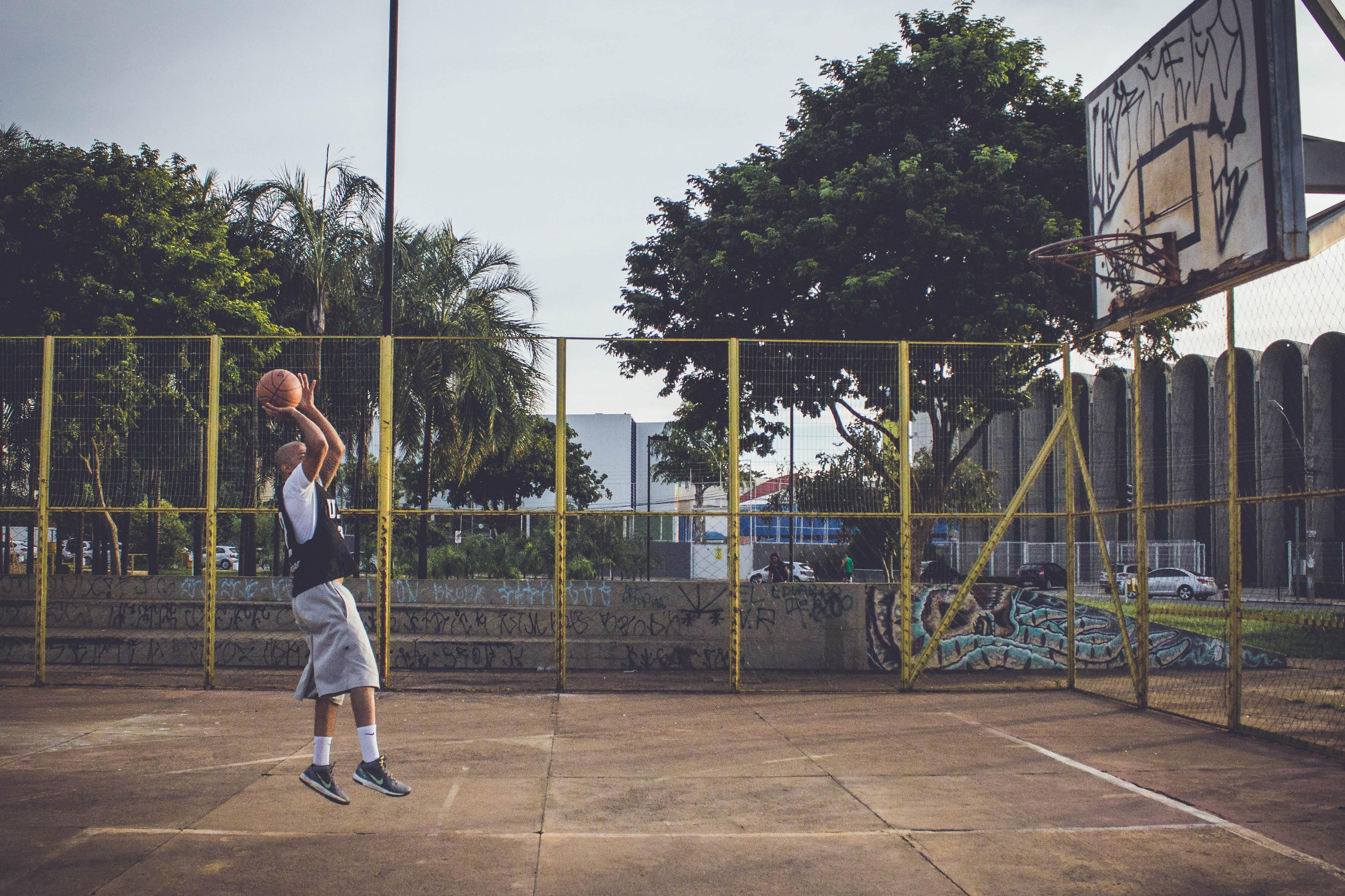 A boy is playing basketball