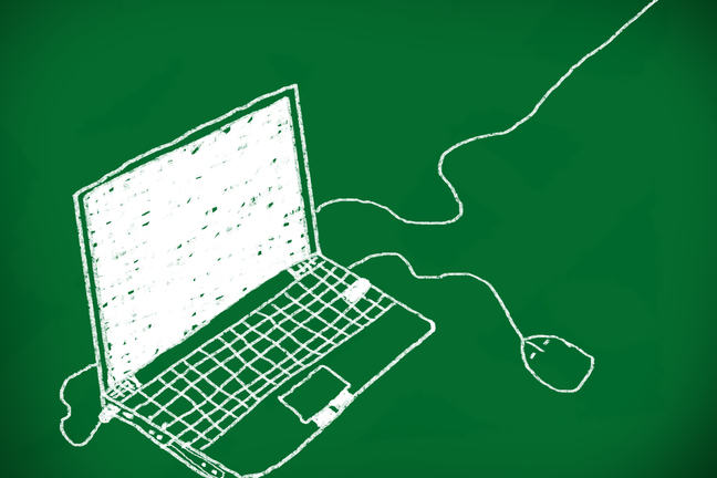 A drawing of a computer and mouse in white on a green background.