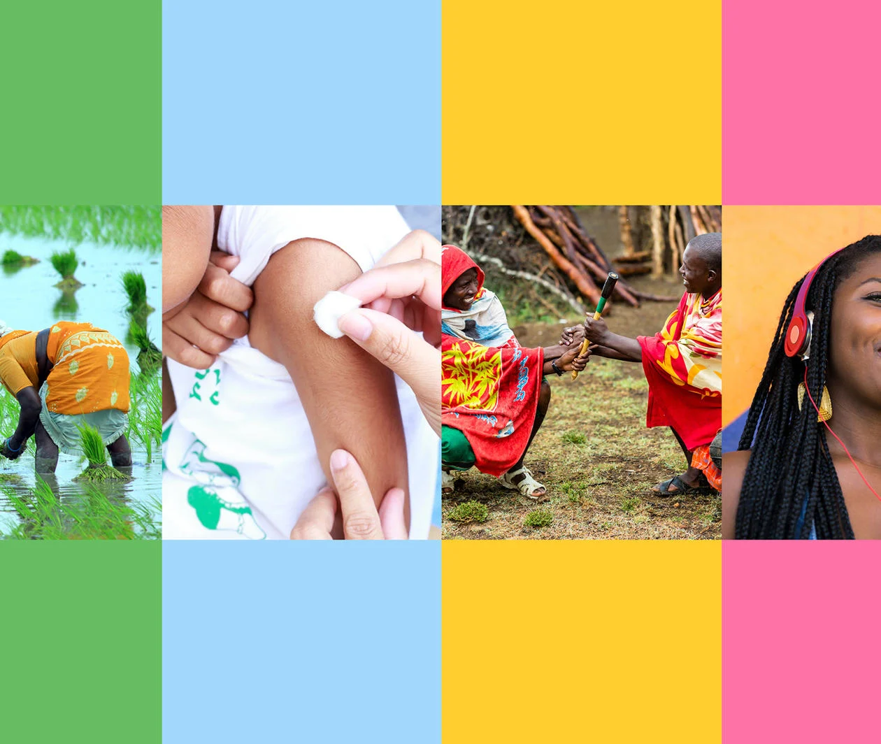 A collage of four images; a woman in a rice paddy field, a child being inoculated, two men smiling and shaking hands, and a woman smiling and listening to music on a set of headphones. 