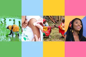 A collage of four images; a woman in a rice paddy field, a child being inoculated, two men smiling and shaking hands, and a woman smiling and listening to music on a set of headphones. 