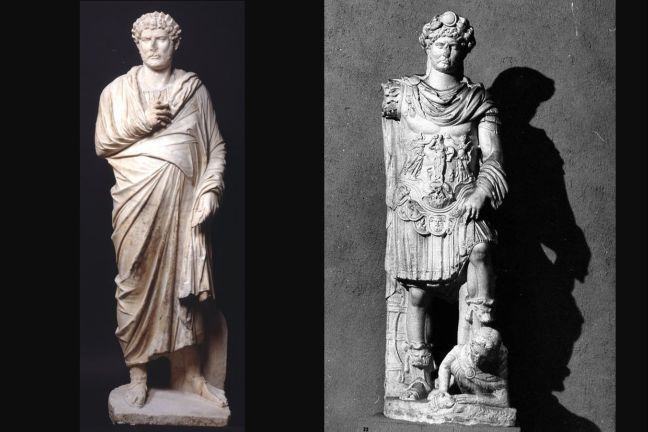 Hadrian offering a sprig of laurel to Apollo (left) and image of Hadrian standing over an enemy (right)