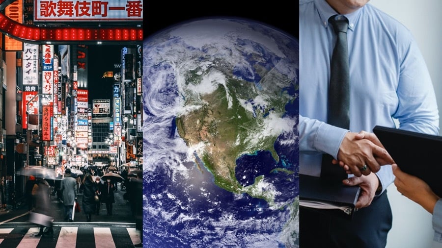 Image of busy city street next to image of world from space and an image of two business people shaking hands