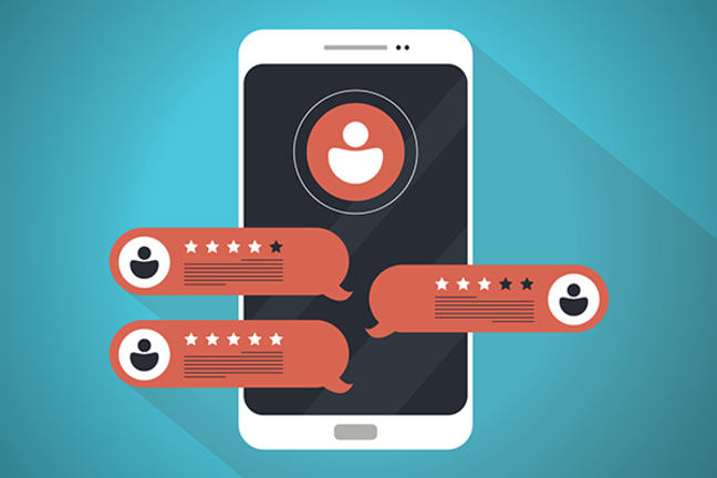 Three reviews in bubbles on a phone.