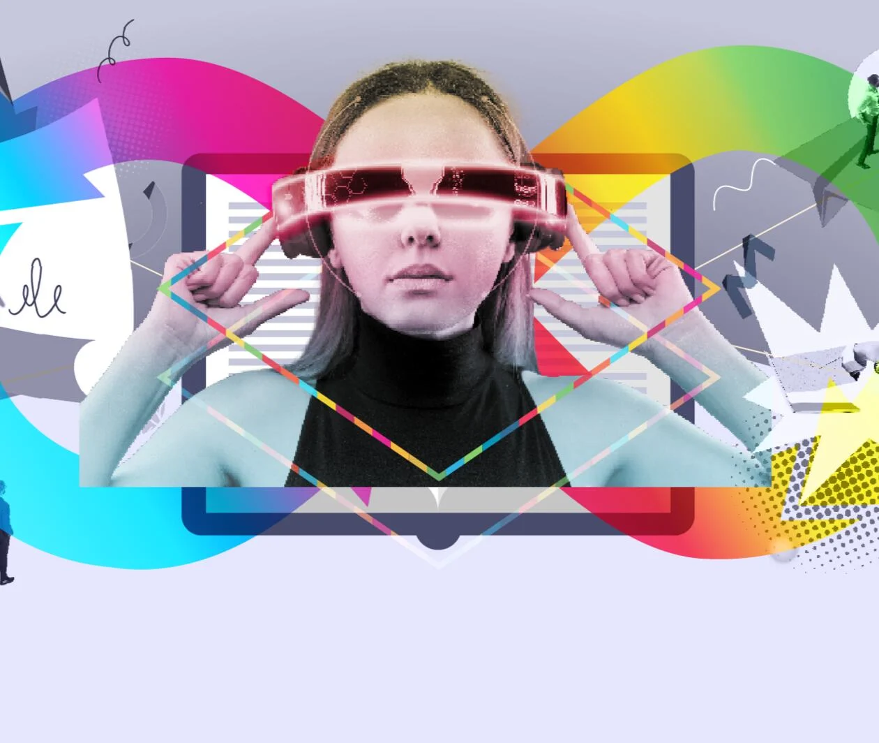 Girl wearing VR glasses with abstract digital information being presented to her. 