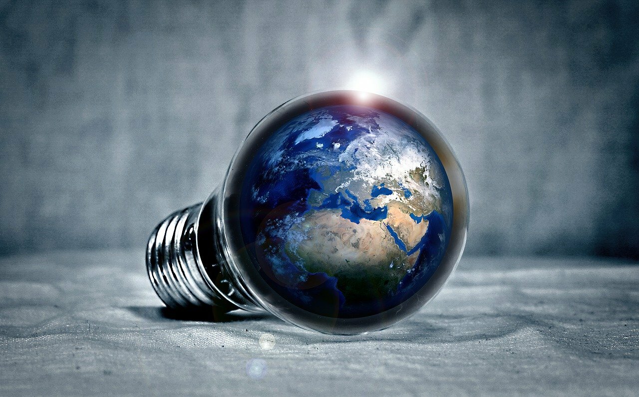 Image of the Earth on the end of a lightbulb