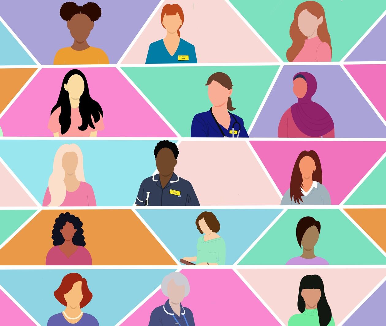 Pop-art style collage of patients and healthcare workers from different backgrounds.