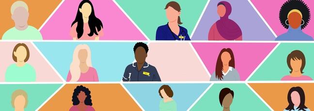 Pop-art style collage of patients and healthcare workers from different backgrounds.