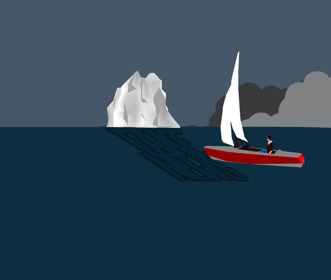 Graphical image of sailing boat in the shadow of a large iceberg