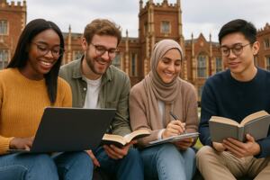 Four multinational students in front of a college building holding books, a laptop and pens.