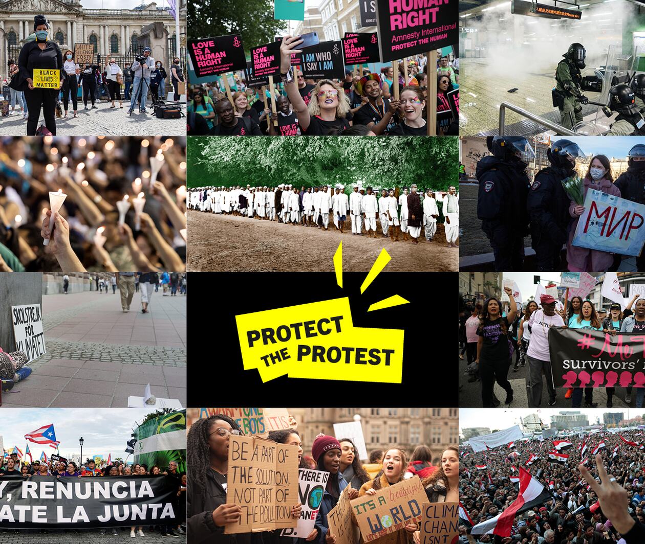 Images of various protests and the words 'Protect the Protest'