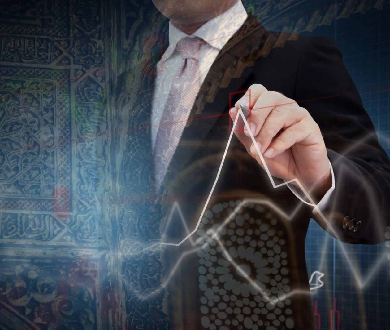 Sukuk investor pointing at the peak point on a stock graph with Islamic architecture background.