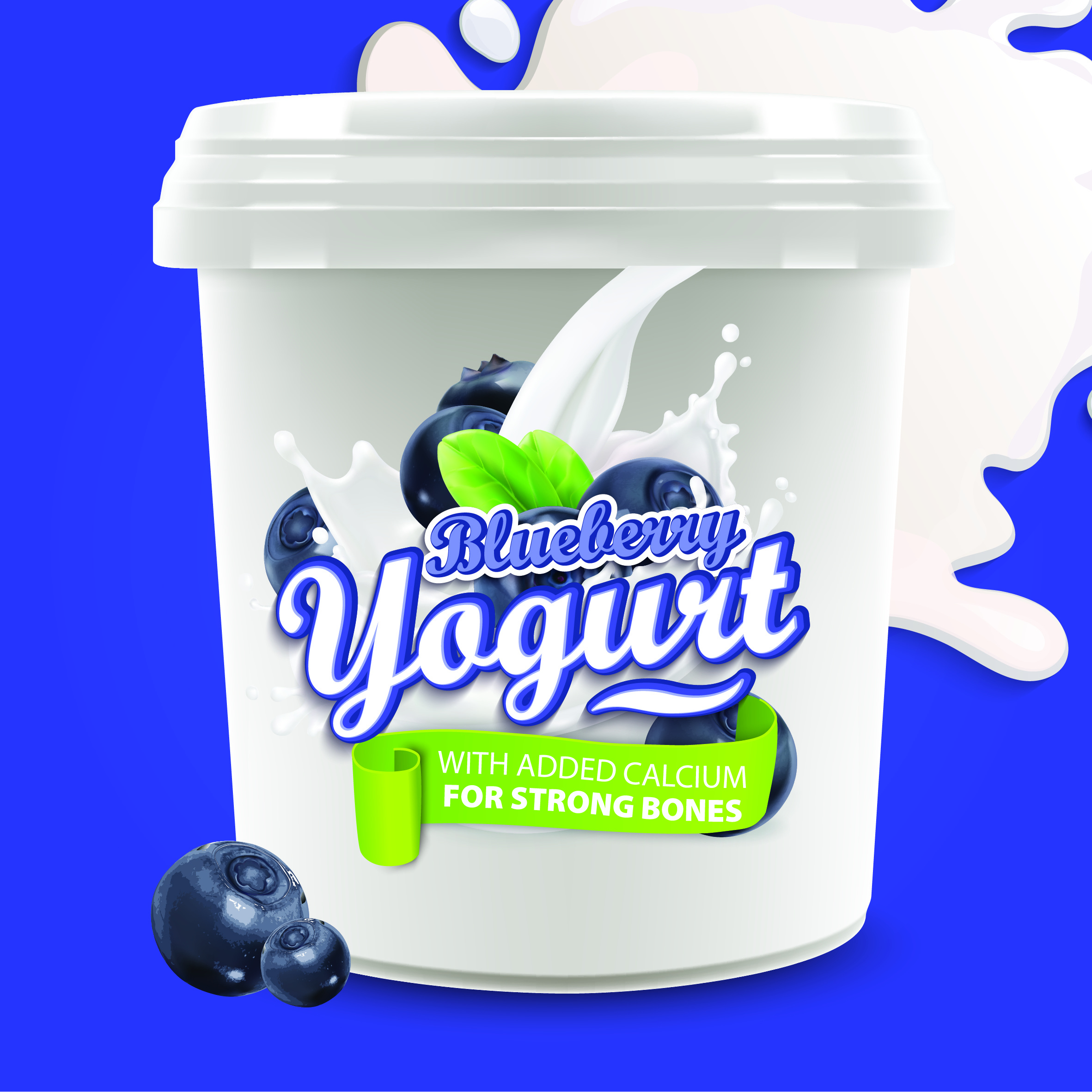 Blueberry yogurt pot with banner claiming 'with added calcium for strong bones'