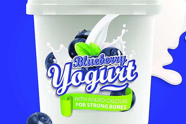 Blueberry yogurt pot with banner claiming 'with added calcium for strong bones'