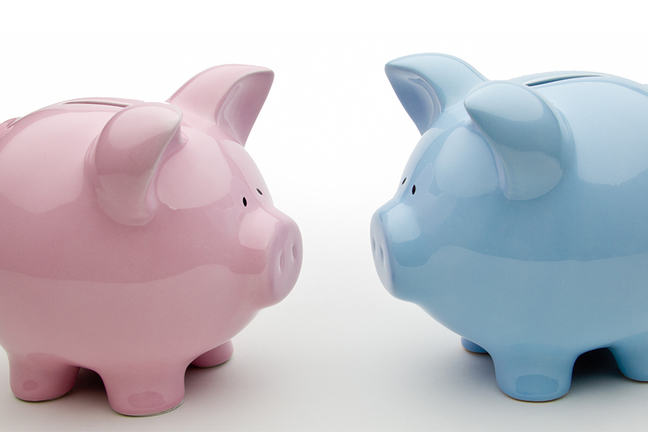 Two Piggy Banks Facing Each Other - One Pink (on the Left) and One Blue (on the Right)