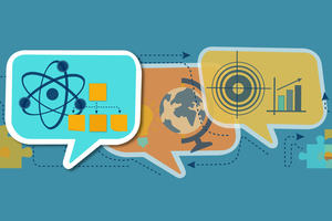 Abstract image which includes 3 special bubbles, within which a graph, globe, world globe, molecular symbol, organisational chart