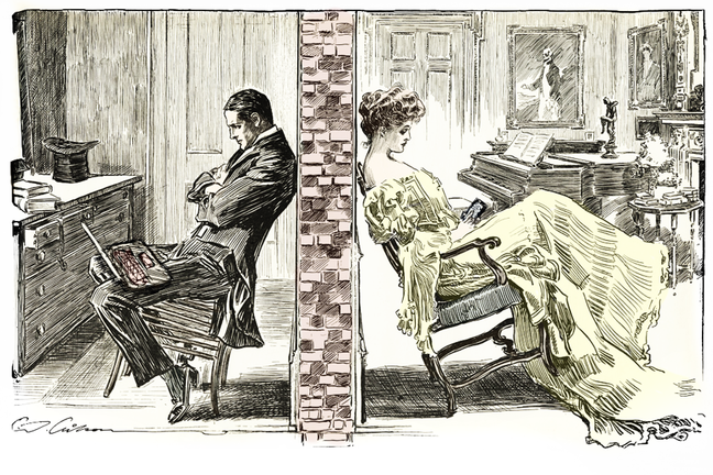 Turn-of-the-twentieth-century illustration showing a young man and a young woman sitting with their chair backs against a party wall that divides their living space. A laptop and mobile phone have been added to the image.