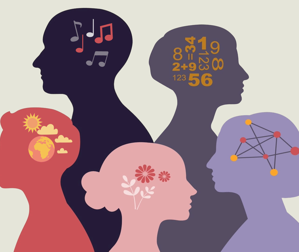 Illustrated graphic of the silhouettes of four humans with different style brains