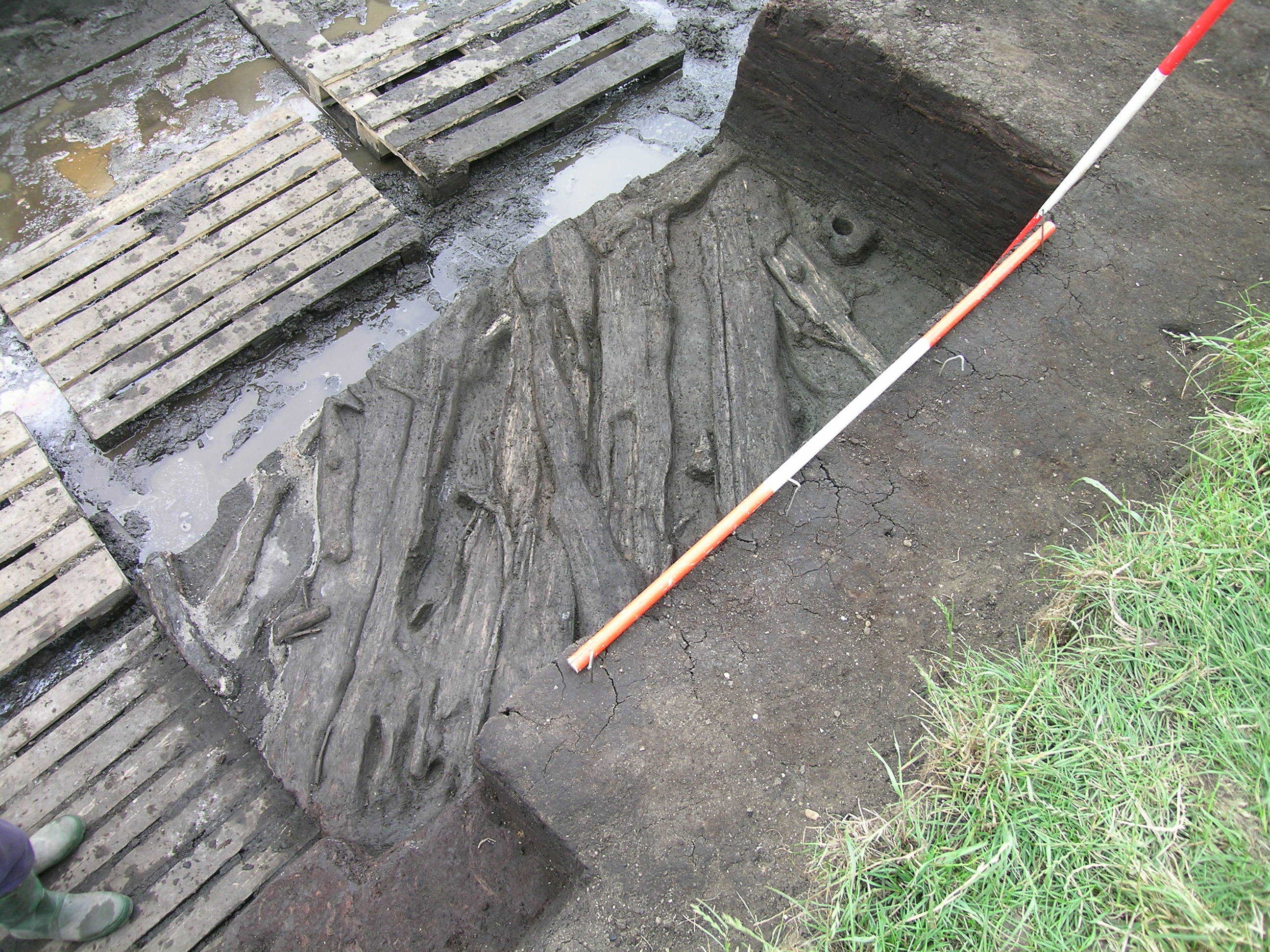 A piece of wooden platform which was found in 2010 next to the trench which had been excavated in 1985