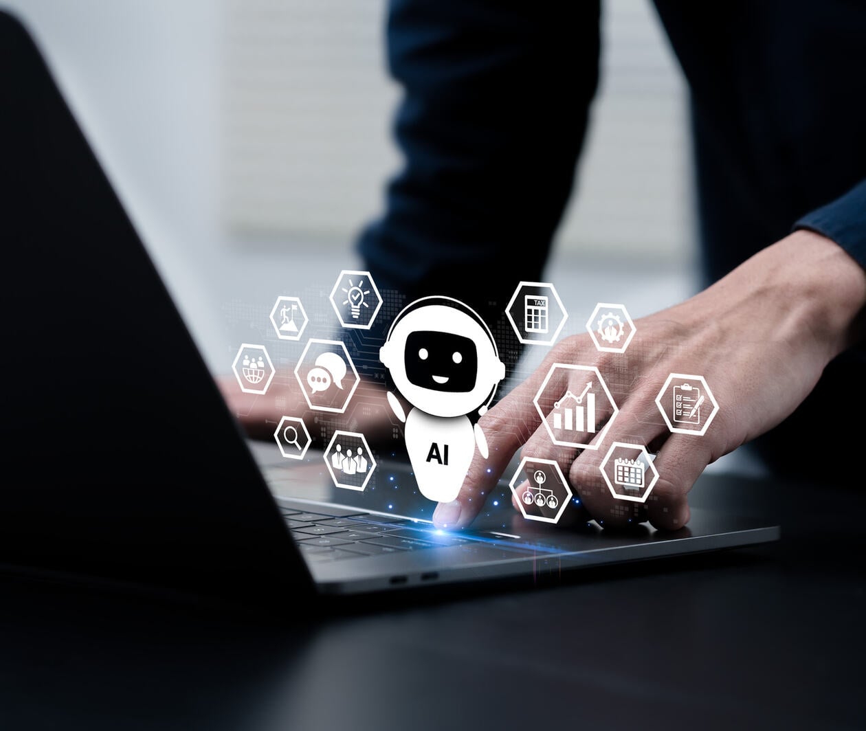 Businessman uses a laptop and AI assistant dashboard for data analysis, research, planning, and work generate.