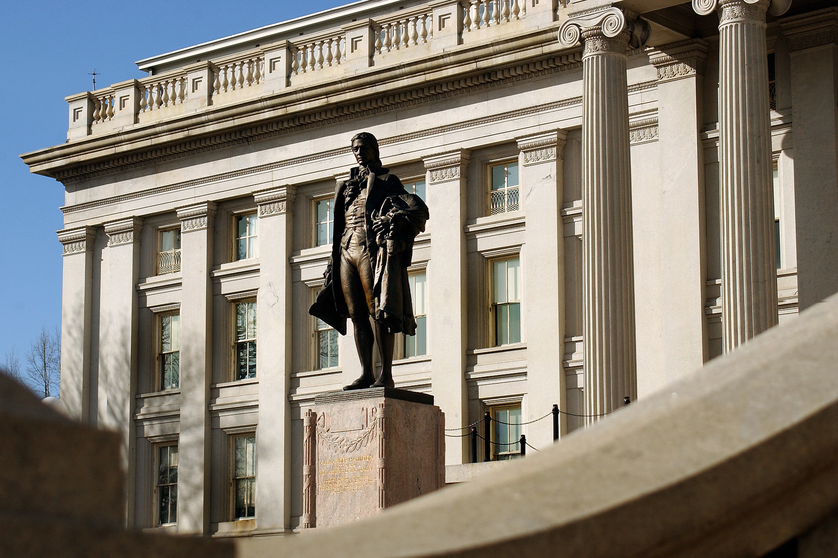 Statue of Alexander Hamilton in front of US Treasury Building