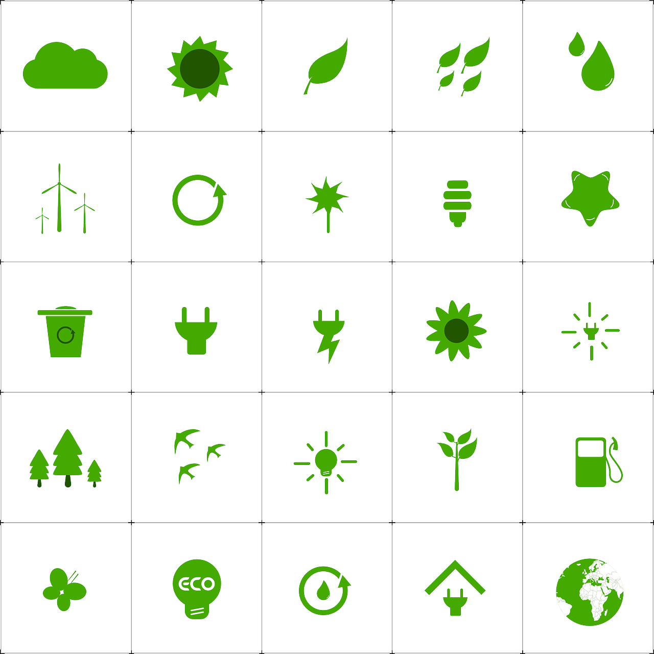 Picture representing multiple sources and uses of energy from the sun to lightbulbs to wind turbines