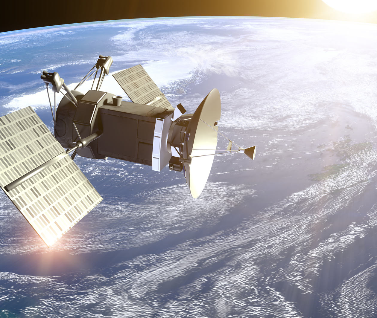 A satellite in orbit generates power from solar panels and communicates with people on Earth.