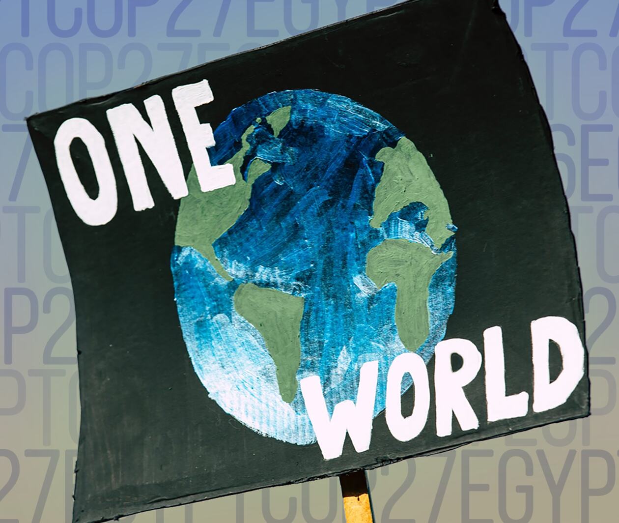 Painted placard with globe and 'one world' text. Egypt COP27 text in background.