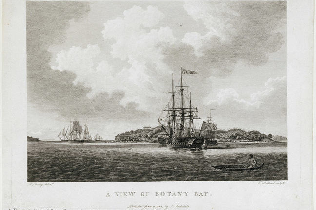 A print of a large sailing ship in foreground on sea, label reads A View of Botany Bay