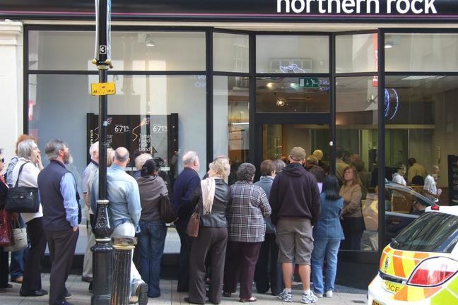 A picture of a bank run outside a branch of Northern Rock in Birmingham, United Kingdom in 2007, when there was speculation about problems with bank.
