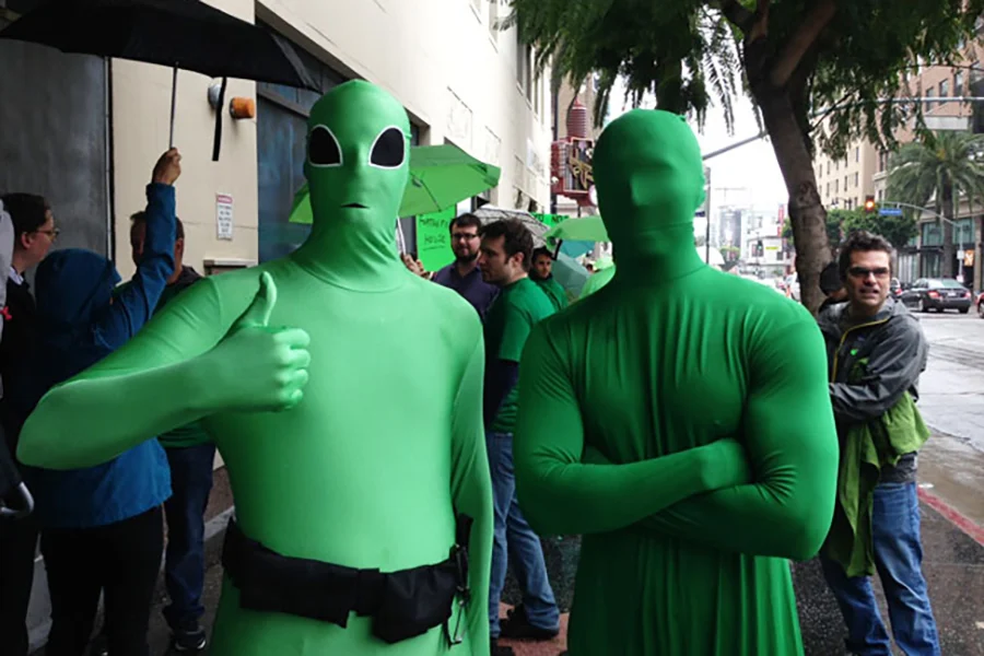 Green leotard protesters