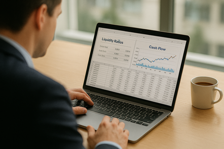 Over-the-shoulder view of a finance professional in a suit analyzing liquidity ratios and a cash flow chart on a laptop screen. A white coffee mug sits beside the laptop on a wooden desk, with natural daylight and a softly blurred office background.