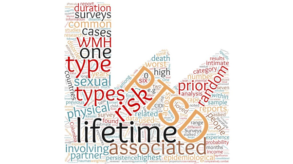 A PTSD themed word cloud in the shape of a bar chart highlighting a range of words including: PTSD, lifetime, associated, types, risk, type, WHO, prior, random, duration, and survey