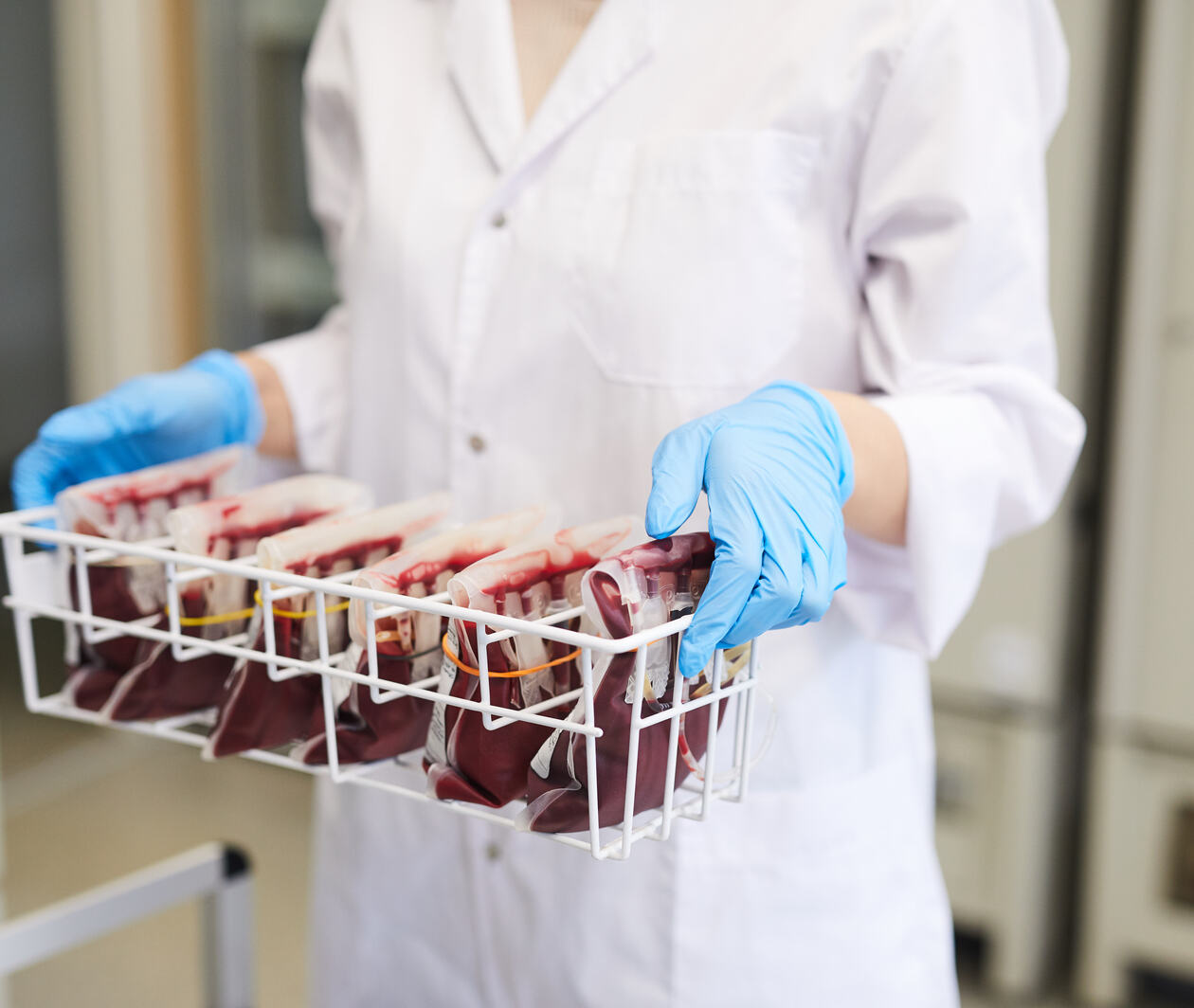 Medical professional carrying a tray of bagged blood in a laboratory