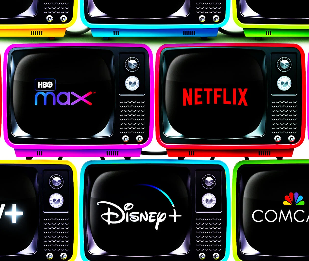 A series of TV screens showing logos for popular video streaming services such as Netflix and Disney+