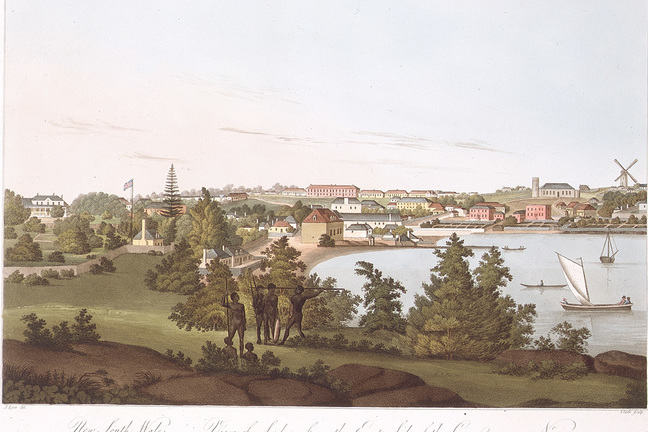 Hand coloured illustration entitled New South Wales, view of Sydney from the Eastside of the Cove, No 1, made in 1810 and showing Indigenous people in foreground and European-style buildings including a windmill on opposite bank