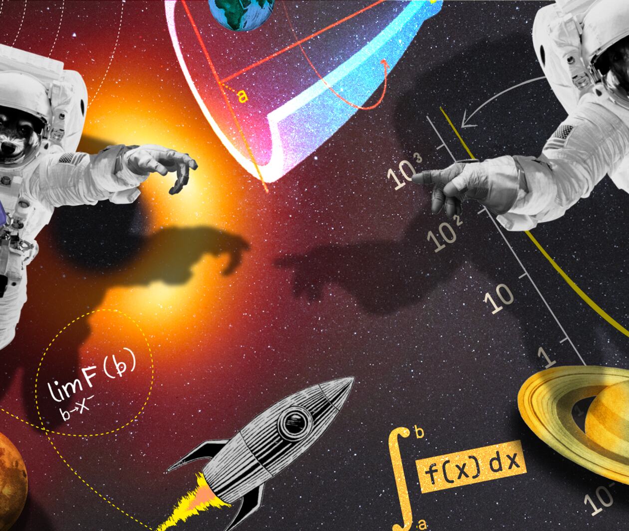 An abstract image in outer space featuring elements such as: a black hole, two dogs in space suits holding jars of peanut butter, 3 planets, a rocket, 2 graphs, two formulas and several stars.