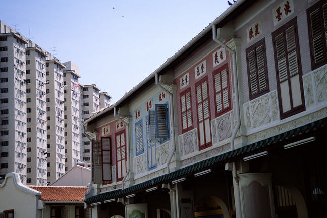 Colourful decorated shuttered apartment building in Singapore