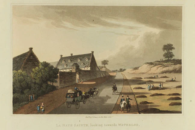 Coloured engraving showing tourists walking and in carriages at La Haye Sainte.