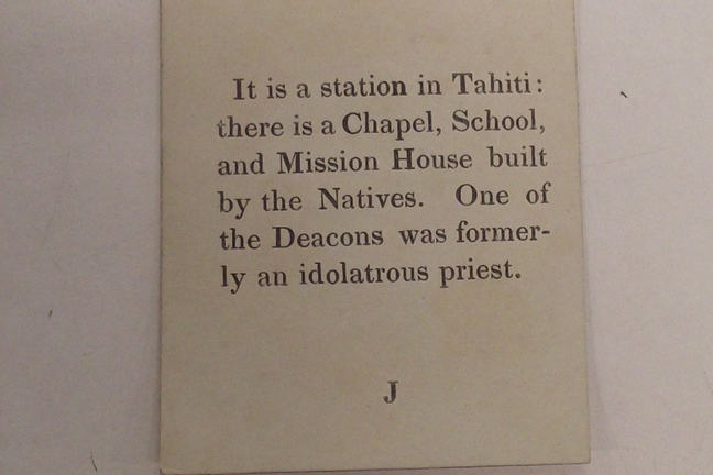 clue for a card game, letter J. Text reads 'It is a station in Tahiti, there is a chapel, school and mission house built by the natives. One of the deacons was formerly an idolatrous priest