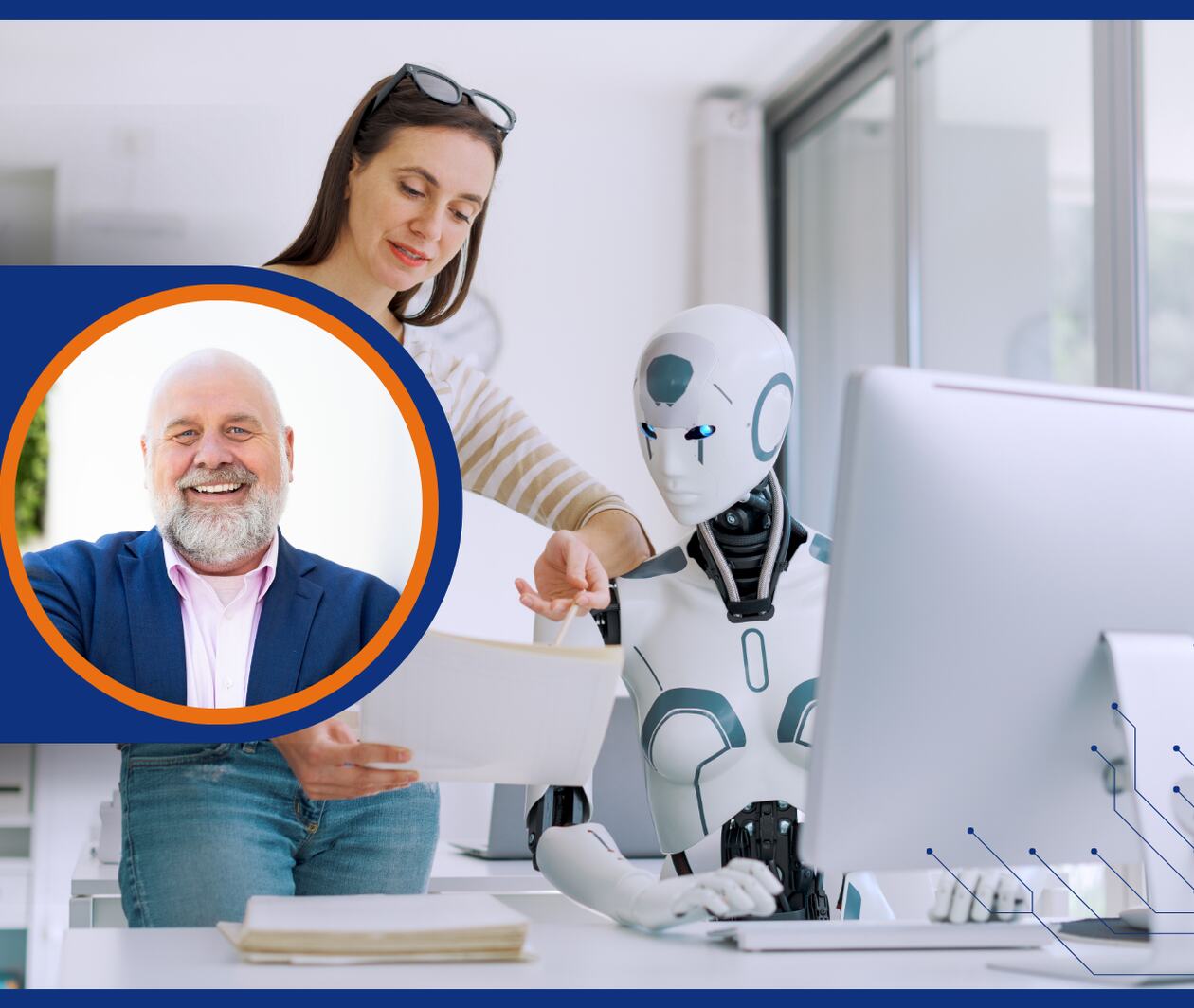 The image shows a woman collaborating with an AI robot on a computer, symbolizing human-machine teamwork, with a portrait of a smiling professional. Keywords: AI, collaboration, teamwork, innovation, professional development.