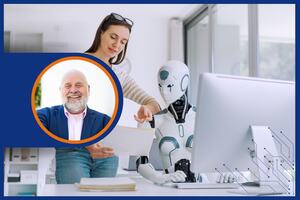 The image shows a woman collaborating with an AI robot on a computer, symbolizing human-machine teamwork, with a portrait of a smiling professional. Keywords: AI, collaboration, teamwork, innovation, professional development.
