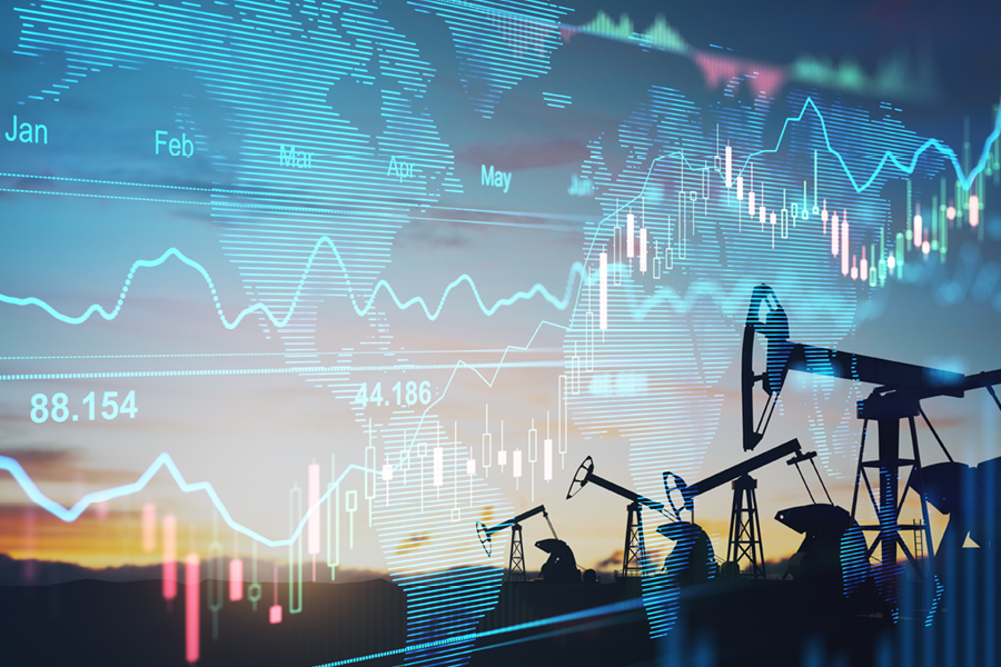 Rise in gasoline prices concept with double exposure of digital screen with financial chart graphs and oil pumps on a field.