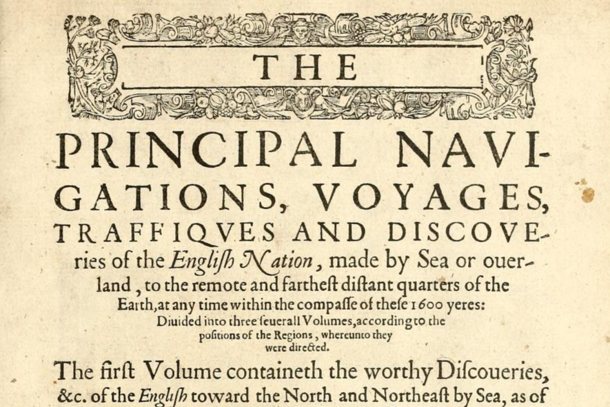 Original 16th century frontispiece of the book 'The Principal Navigations, Voyages and Discoveries' by Richard Hakluyt, 1589