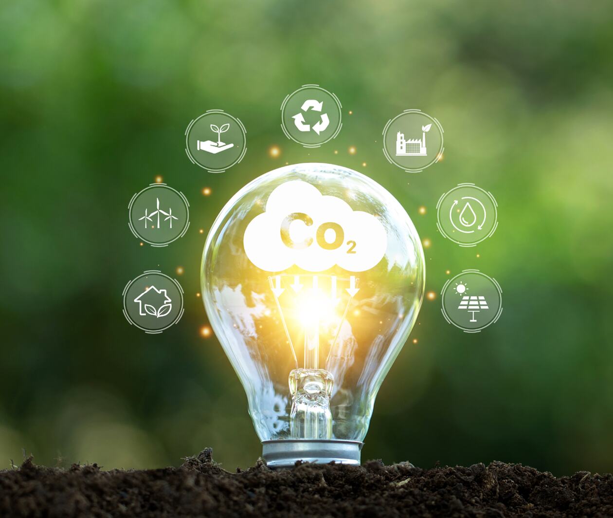 Sustainability concept. Light bulb with environmental icons,Reduce CO2 emission , Sustainable development, and Renewable energy-based green businesses can limit climate change and global warming. renewable energy.