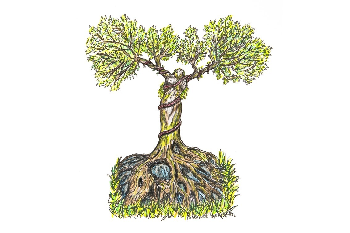 The image shows a human entwined with a tree.