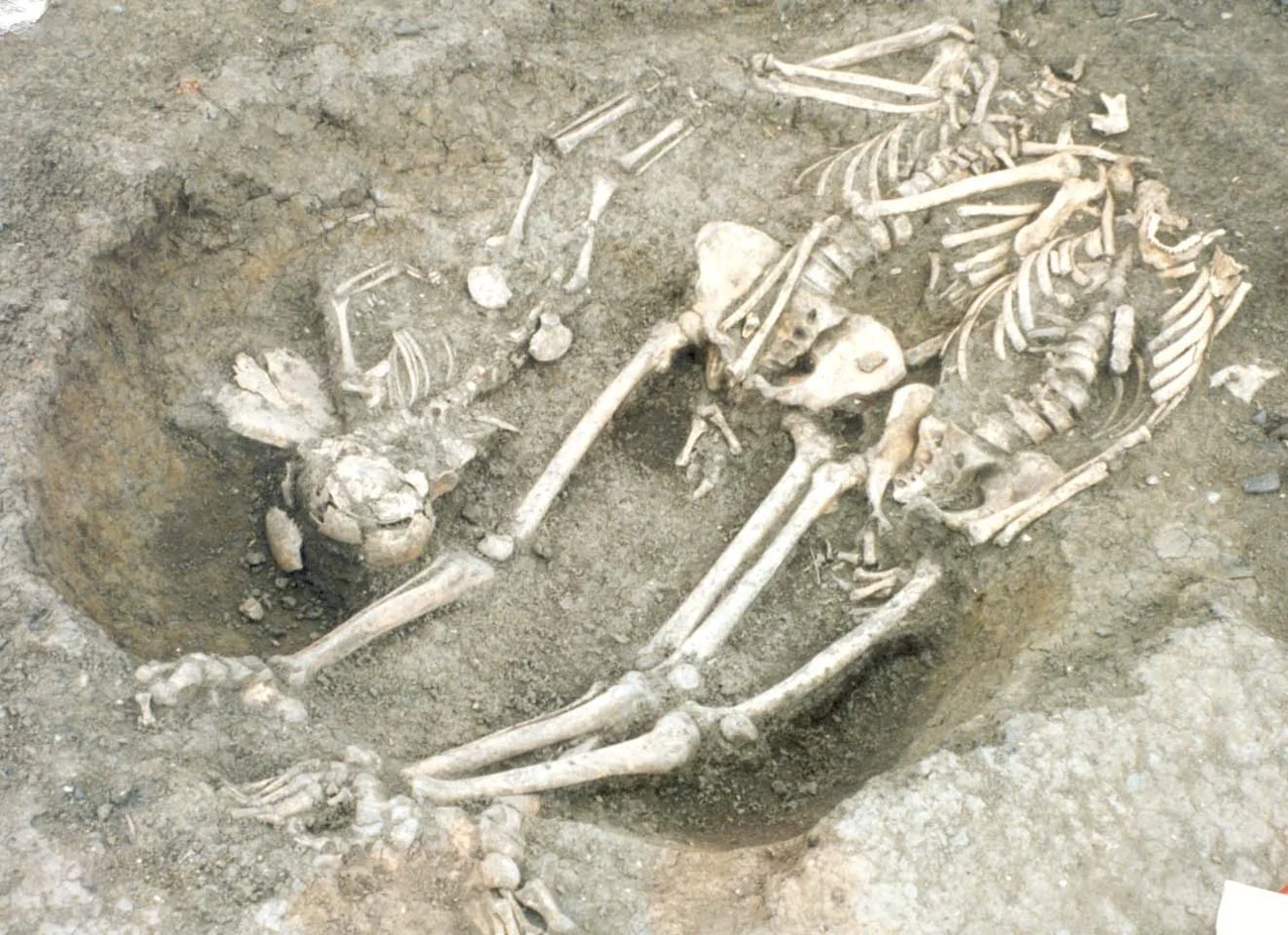 Multiple burials within a single grave.