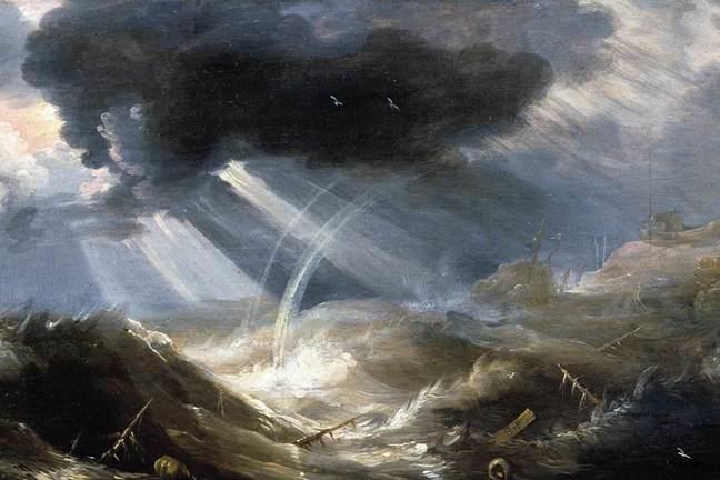 A painting of a great flood in the 1700's showing huge waves and damage to boats and infrastructure