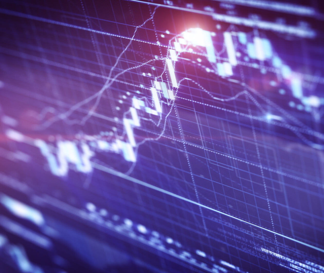 Close-up financial or trading chart in purple on a LCD display, showing the dots and lines moving upwards.