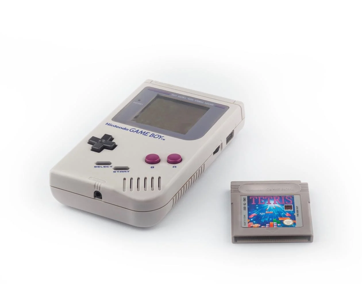 Game design course image: a Nintendo Game Boy and a Tetris cartridge, representing 8-bit video game music