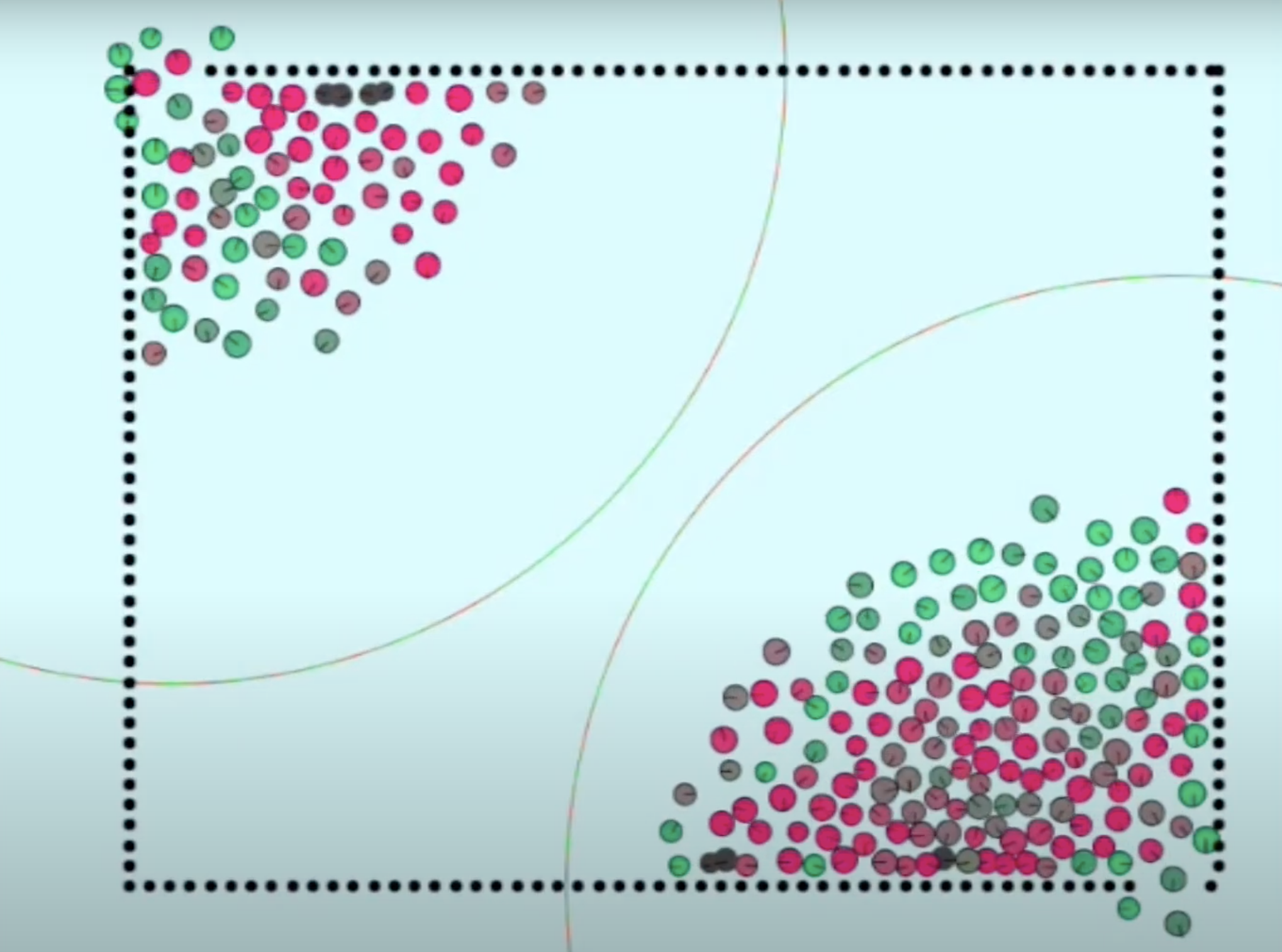 Big square with red, green and brown circles in two separate  corners (top left and bottom right)